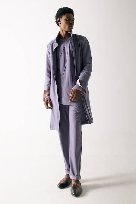 Jatin Malik_Purple Bamboo Embroidery Overcoat With Kurta Set _Online_at_Aza_Fashions