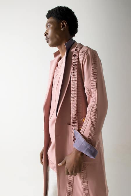 Shop_Jatin Malik_Pink Cotton Embroidery Pintuck Striped Overcoat With Kurta Set _Online_at_Aza_Fashions