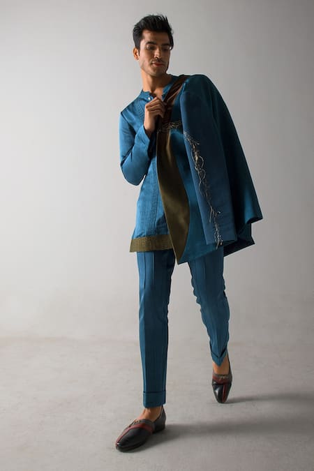 Jatin Malik Blue Linen, Silk Embroidery Hand Blazer With Kurta Set Online at Aza Fashions Jatin Malik_Blue Linen, Silk Embroidery Hand Blazer With Kurta Set _Online_at_Aza_Fashions