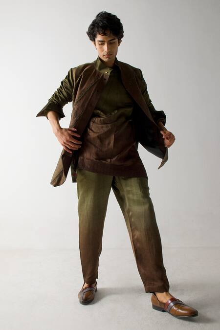 Jatin Malik_Green Linen, Silk Embroidery Shacket With Kurta Set _Online_at_Aza_Fashions