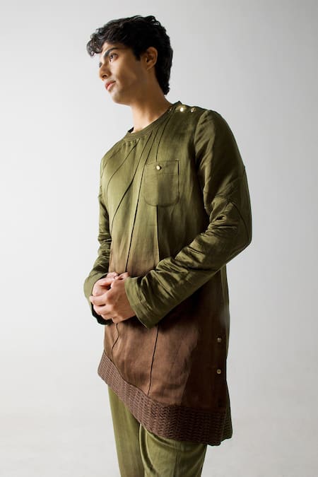 Buy_Jatin Malik_Green Linen, Silk Embroidery Shacket With Kurta Set _Online_at_Aza_Fashions