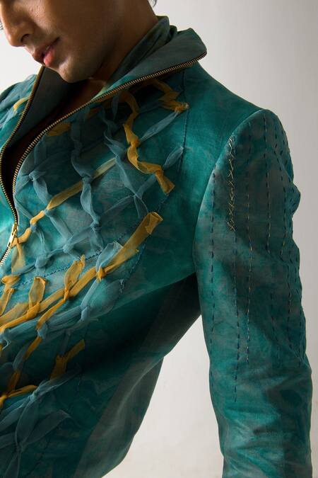 Jatin Malik_Grey Linen Silk Embroidered Marble Dye Bomber Jacket _Online_at_Aza_Fashions