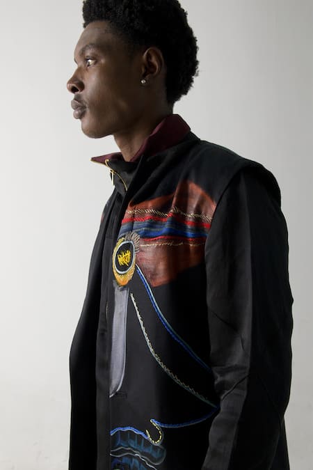 Jatin Malik_Black Modal, Rayon Embroidery Sleeveless Hand-painted Jacket _Online_at_Aza_Fashions