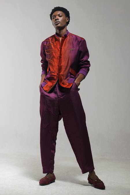 Jatin Malik_Orange Linen, Silk Embroidery Ombre Bomber Jacket _Online_at_Aza_Fashions