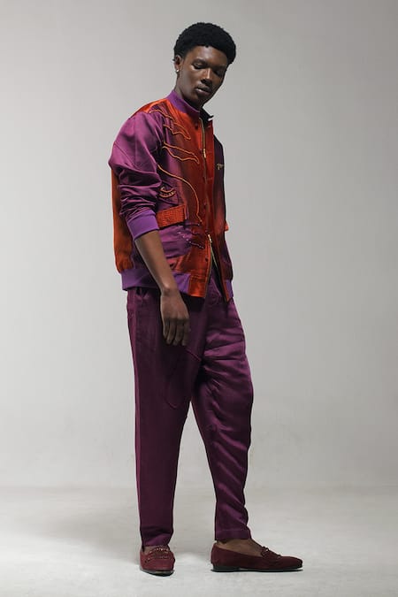 Buy_Jatin Malik_Orange Linen, Silk Embroidery Ombre Bomber Jacket _Online_at_Aza_Fashions