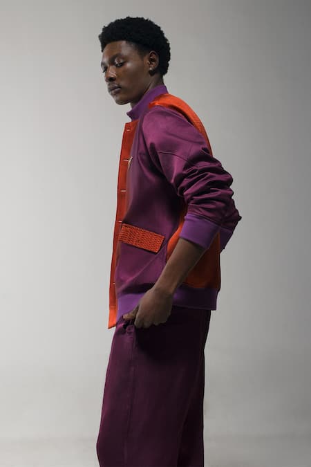 Shop_Jatin Malik_Orange Linen, Silk Embroidery Ombre Bomber Jacket _Online_at_Aza_Fashions