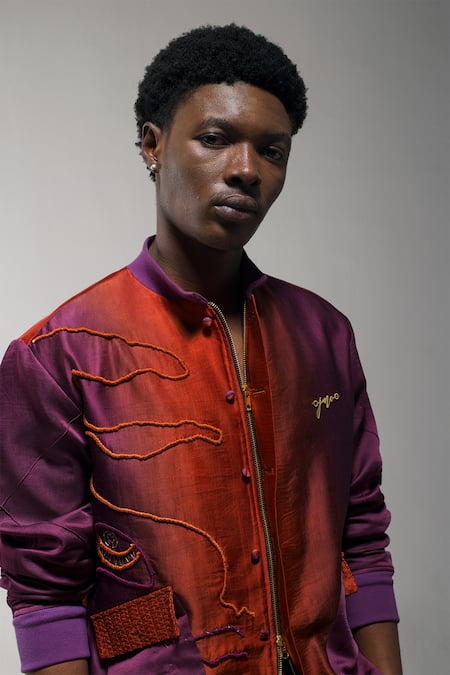 Jatin Malik_Orange Linen, Silk Embroidery Ombre Bomber Jacket _at_Aza_Fashions