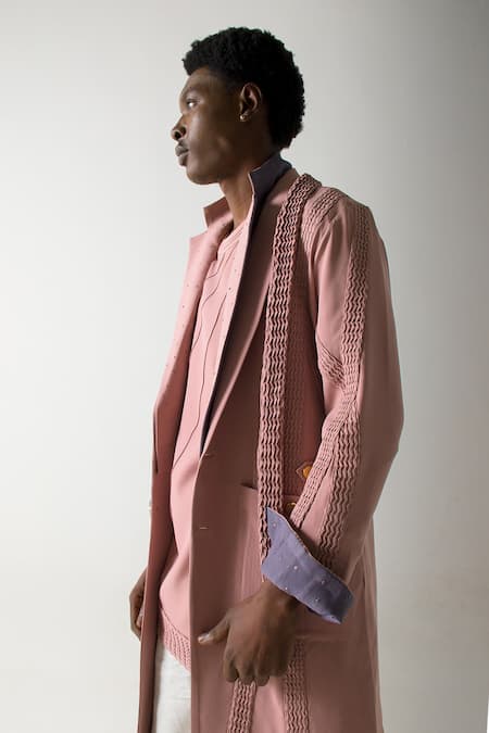 Jatin Malik Pink Embroidery Pintuck Overcoat With Belt Online at Aza Fashions Jatin Malik_Pink Embroidery Pintuck Overcoat With Belt _Online_at_Aza_Fashions