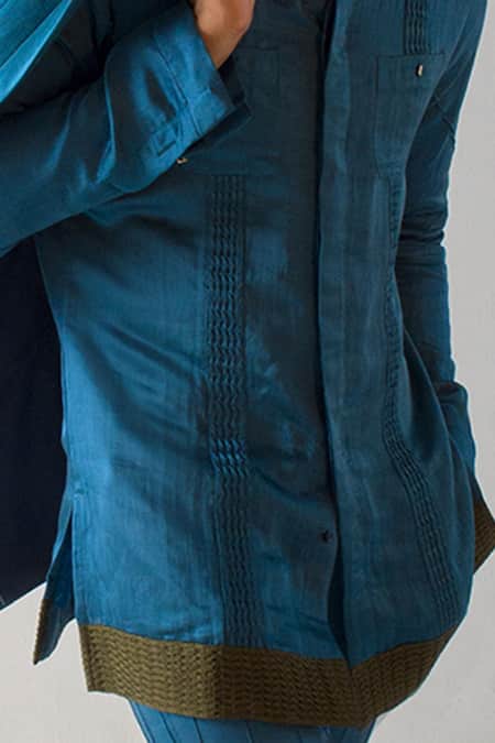 Jatin Malik_Blue Linen, Silk Embroidery Stripe Pintuck Short Kurta _Online_at_Aza_Fashions