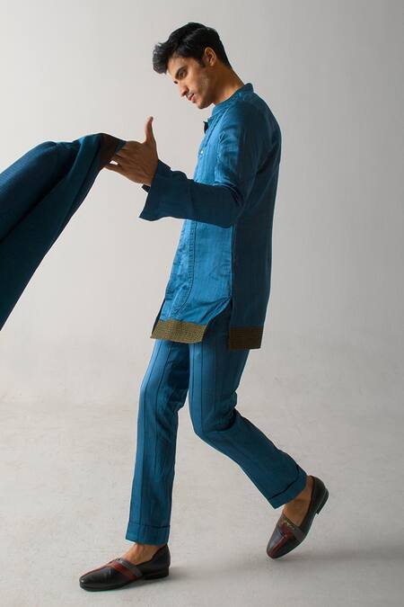 Buy_Jatin Malik_Blue Linen, Silk Embroidery Stripe Pintuck Short Kurta _Online_at_Aza_Fashions