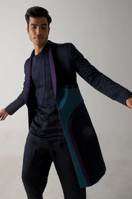 Jatin Malik Blue Linen, Silk Overcoat Online at Aza Fashions Jatin Malik_Blue Linen, Silk Overcoat _Online_at_Aza_Fashions