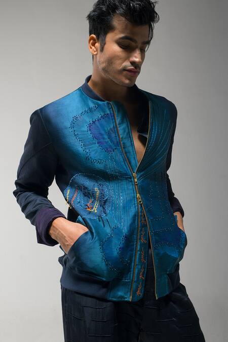 Buy_Jatin Malik_Blue Linen, Silk Embroidery Bomber Jacket _Online_at_Aza_Fashions