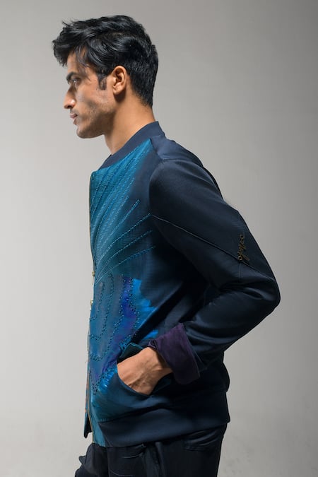 Shop_Jatin Malik_Blue Linen, Silk Embroidery Bomber Jacket _Online_at_Aza_Fashions