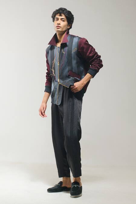 Jatin Malik_Grey Linen, Silk Embroidery Bomber Jacket _Online_at_Aza_Fashions