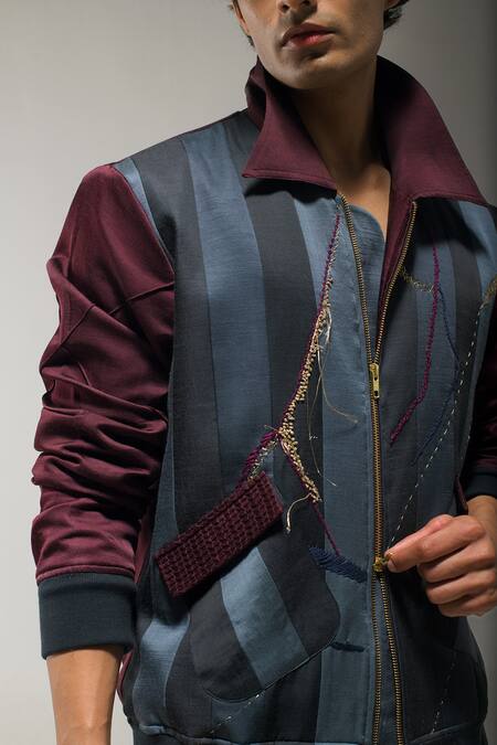 Shop_Jatin Malik_Grey Linen, Silk Embroidery Bomber Jacket _Online_at_Aza_Fashions
