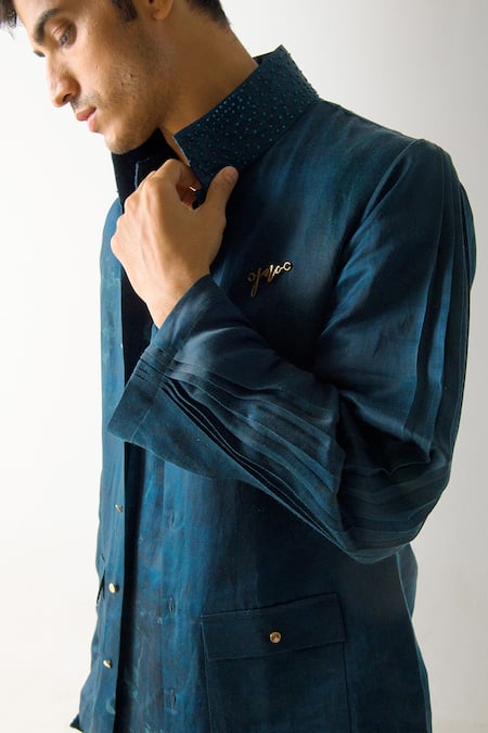 Jatin Malik_Green Linen, Silk Short Jacket _Online_at_Aza_Fashions