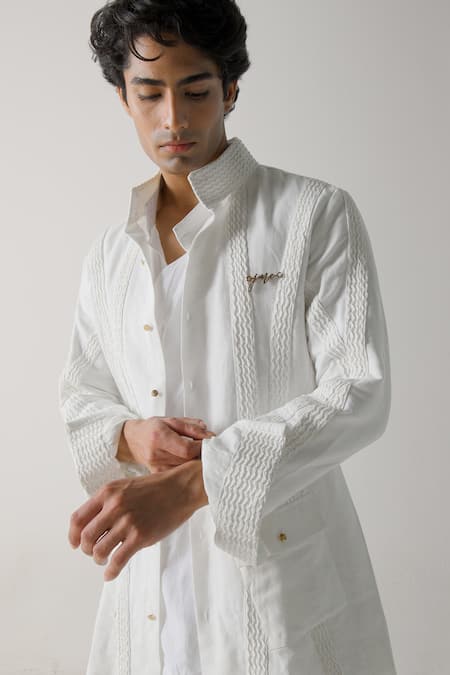 Buy Jatin Malik Ivory Cotton, Linen Pintucked Striped Shacket Online at Aza Fashions Buy_Jatin Malik_Ivory Cotton, Linen Pintucked Striped Shacket _Online_at_Aza_Fashions