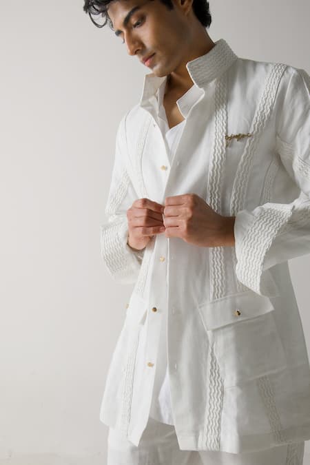 Shop Jatin Malik Ivory Cotton, Linen Pintucked Striped Shacket Online at Aza Fashions Shop_Jatin Malik_Ivory Cotton, Linen Pintucked Striped Shacket _Online_at_Aza_Fashions