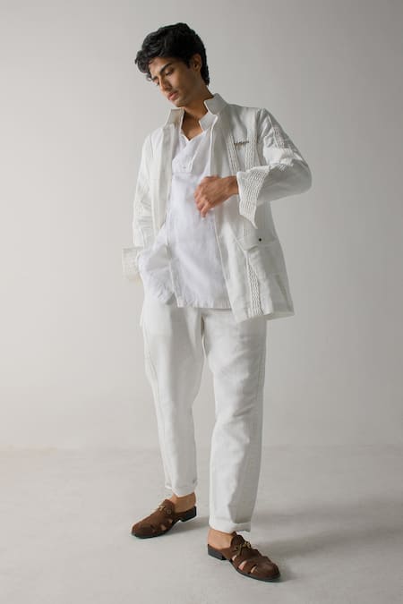 Jatin Malik Ivory Cotton, Linen Pintucked Striped Shacket at Aza Fashions Jatin Malik_Ivory Cotton, Linen Pintucked Striped Shacket _at_Aza_Fashions