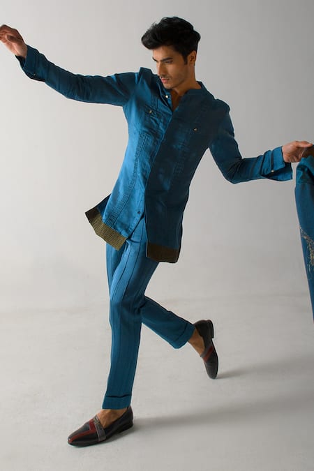 Buy Jatin Malik Blue Linen, Silk Embroidery Hand Blazer With Kurta Set Online at Aza Fashions Buy_Jatin Malik_Blue Linen, Silk Embroidery Hand Blazer With Kurta Set _Online_at_Aza_Fashions