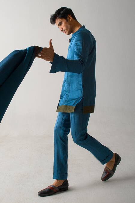 Shop Jatin Malik Blue Linen, Silk Embroidery Hand Blazer With Kurta Set Online at Aza Fashions Shop_Jatin Malik_Blue Linen, Silk Embroidery Hand Blazer With Kurta Set _Online_at_Aza_Fashions