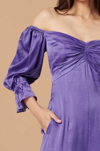 Vedika M_Purple Satin One Shoulder Off Jumpsuit_Online_at_Aza_Fashions