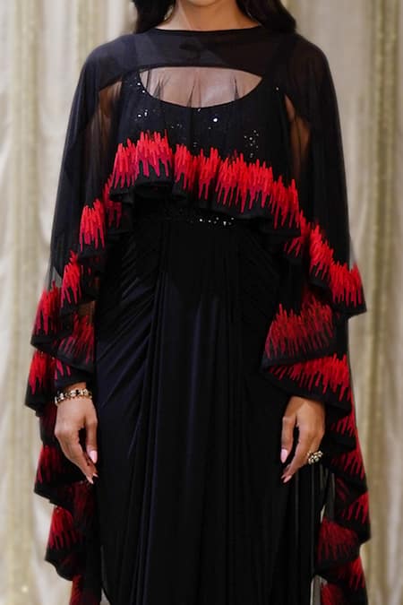 Archana Kochhar Black Georgette, Lycra, Net Cosmic Dhoti Jumpsuit With Fireburst Cape Top Online at Aza Fashions Archana Kochhar_Black Georgette, Lycra, Net Cosmic Dhoti Jumpsuit With Fireburst Cape Top _Online_at_Aza_Fashions