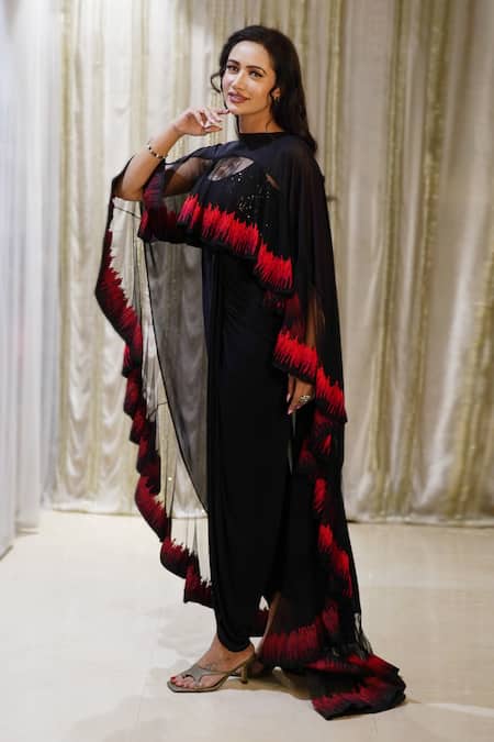 Buy Archana Kochhar Black Georgette, Lycra, Net Cosmic Dhoti Jumpsuit With Fireburst Cape Top Online at Aza Fashions Buy_Archana Kochhar_Black Georgette, Lycra, Net Cosmic Dhoti Jumpsuit With Fireburst Cape Top _Online_at_Aza_Fashions