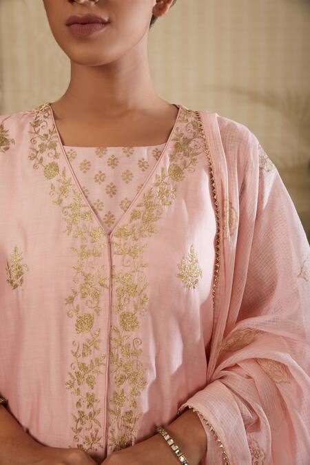Kefi Collections_Beige Silk, Kota Doria, Chanderi Embroidery Round Neck, Jacket Kurta Set_Online_at_Aza_Fashions