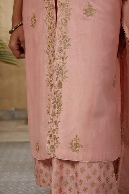 Buy_Kefi Collections_Beige Silk, Kota Doria, Chanderi Embroidery Round Neck, Jacket Kurta Set_Online_at_Aza_Fashions