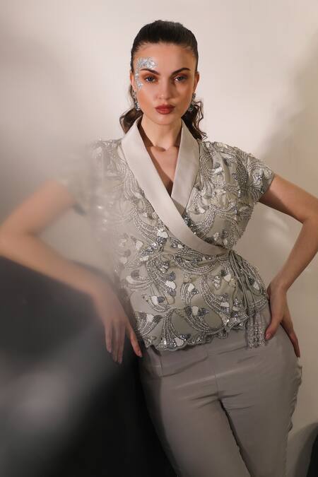 Jade By Ashima_Grey Crepe Sequins, Cut Work, Crystals, Mazu Hand Kimono Jacket With Pant _at_Aza_Fashions