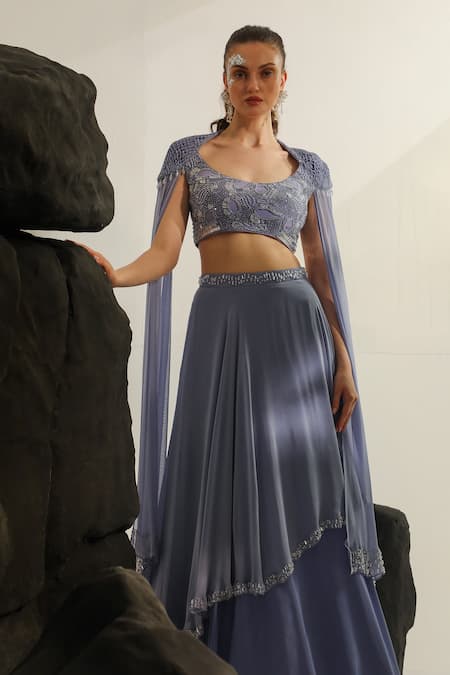 Buy_Jade By Ashima_Purple Georgette, Crepe Sequins, Amphitrite Hand Embroidered Blouse With Skirt _Online_at_Aza_Fashions