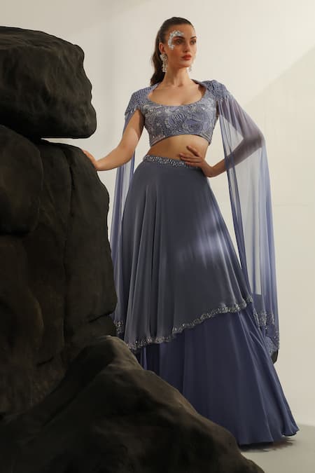 Shop_Jade By Ashima_Purple Georgette, Crepe Sequins, Amphitrite Hand Embroidered Blouse With Skirt _Online_at_Aza_Fashions