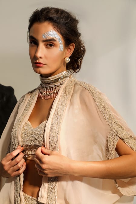 Buy Jade By Ashima Peach Crepe, Georgette Maribelle Hand Embroidered Shrug And Draped Skirt Set Online at Aza Fashions Buy_Jade By Ashima_Peach Crepe, Georgette Maribelle Hand Embroidered Shrug And Draped Skirt Set _Online_at_Aza_Fashions