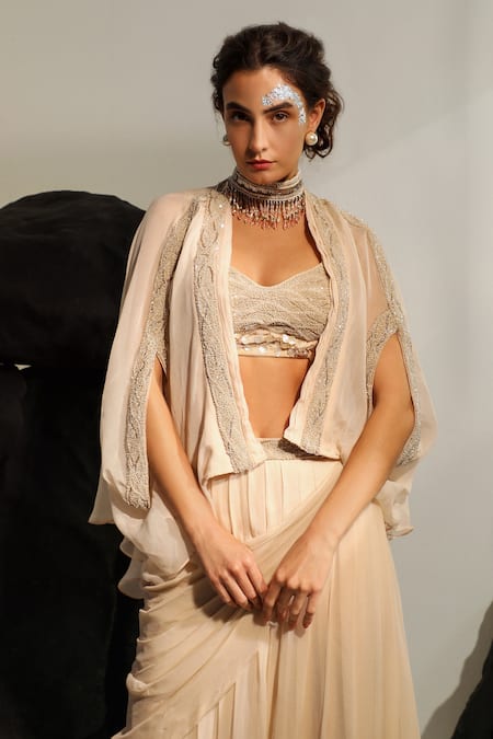 Shop Jade By Ashima Peach Crepe, Georgette Maribelle Hand Embroidered Shrug And Draped Skirt Set Online at Aza Fashions Shop_Jade By Ashima_Peach Crepe, Georgette Maribelle Hand Embroidered Shrug And Draped Skirt Set _Online_at_Aza_Fashions