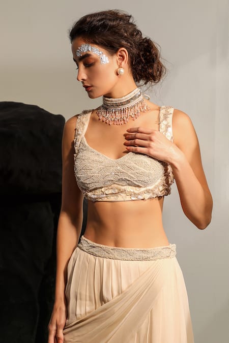 Jade By Ashima Peach Crepe, Georgette Maribelle Hand Embroidered Shrug And Draped Skirt Set at Aza Fashions Jade By Ashima_Peach Crepe, Georgette Maribelle Hand Embroidered Shrug And Draped Skirt Set _at_Aza_Fashions