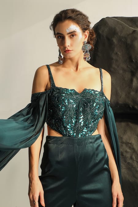 Buy_Jade By Ashima_Blue Crepe, Satin, Lycra Sequins, Cut Work, Cleodora Hand Embroidered Jumpsuit _Online_at_Aza_Fashions
