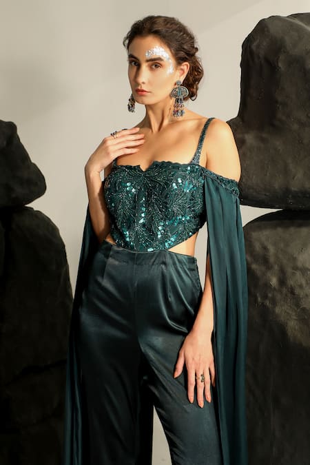 Shop_Jade By Ashima_Blue Crepe, Satin, Lycra Sequins, Cut Work, Cleodora Hand Embroidered Jumpsuit _Online_at_Aza_Fashions