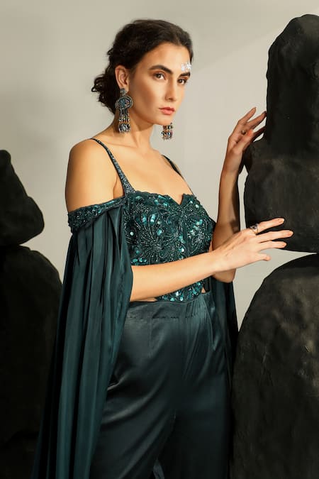 Jade By Ashima_Blue Crepe, Satin, Lycra Sequins, Cut Work, Cleodora Hand Embroidered Jumpsuit _at_Aza_Fashions