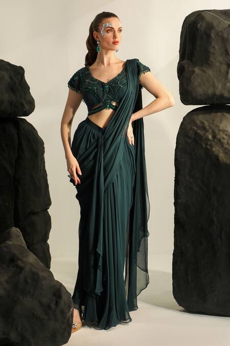 Dark Green Georgette Saree with Sequins Embroidered Party Wear - VJV Now -  India