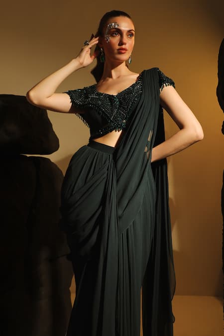 Jade By Ashima_Green Crepe, Georgette Crystals Galia Pre-draped Saree With Embroidered Blouse _at_Aza_Fashions