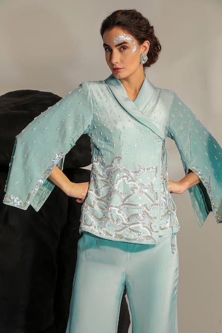 Jade By Ashima_Blue Crepe Cut Work, Sequins Shawl Neck Kai Hand Embroidered Jacket With Pant _Online_at_Aza_Fashions