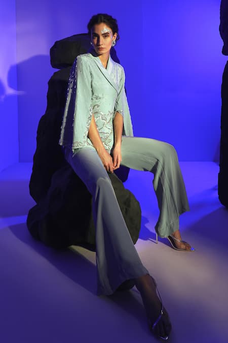 Buy_Jade By Ashima_Blue Crepe Cut Work, Sequins Shawl Neck Kai Hand Embroidered Jacket With Pant _Online_at_Aza_Fashions