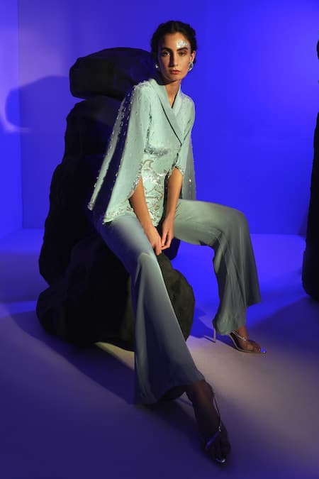 Shop_Jade By Ashima_Blue Crepe Cut Work, Sequins Shawl Neck Kai Hand Embroidered Jacket With Pant _Online_at_Aza_Fashions