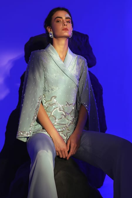 Jade By Ashima_Blue Crepe Cut Work, Sequins Shawl Neck Kai Hand Embroidered Jacket With Pant _at_Aza_Fashions