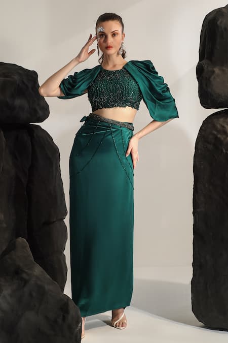 Jade By Ashima_Green Crepe, Satin Sequins, Embroidery, Sea Urchin Hand Blouse With Skirt _Online_at_Aza_Fashions