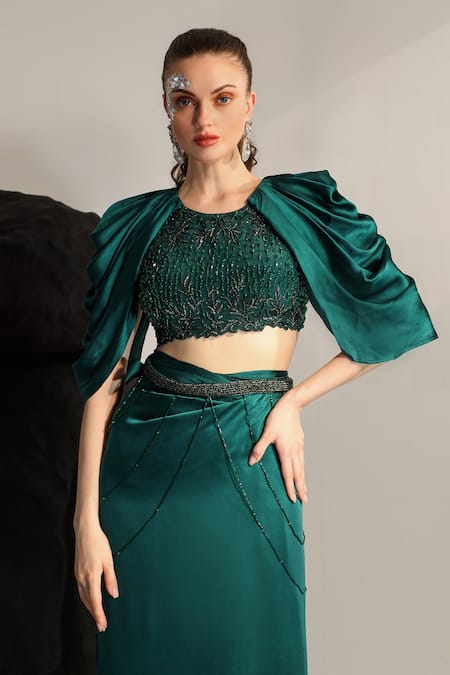 Shop_Jade By Ashima_Green Crepe, Satin Sequins, Embroidery, Sea Urchin Hand Blouse With Skirt _Online_at_Aza_Fashions
