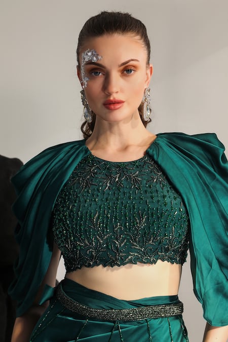 Jade By Ashima_Green Crepe, Satin Sequins, Embroidery, Sea Urchin Hand Blouse With Skirt _at_Aza_Fashions