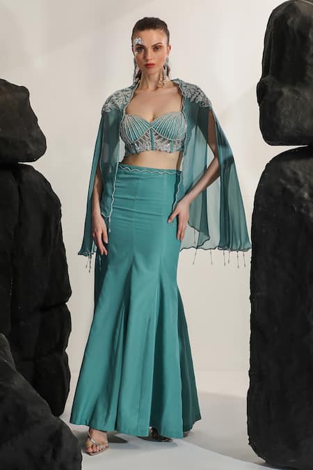 Jade By Ashima_Blue Net, Crepe Sequins, Cut Sirena Hand Embroidered Cape And Fish-cut Skirt Set _Online_at_Aza_Fashions