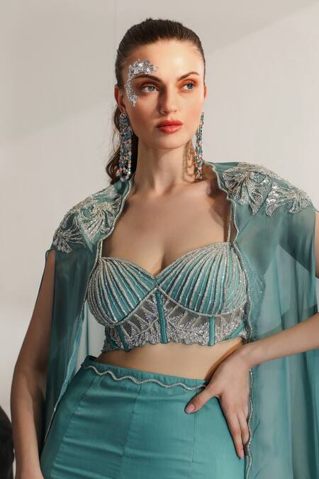 Buy_Jade By Ashima_Blue Net, Crepe Sequins, Cut Sirena Hand Embroidered Cape And Fish-cut Skirt Set _Online_at_Aza_Fashions